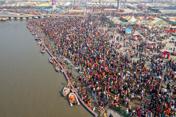 Prayagraj,India-28 pJanuary 2025 Top angle view of the crowd bathing at Sangam on the banks of...