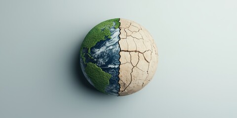 Climate change with global transition idea. Half green, half dry globe symbolizing environmental change.