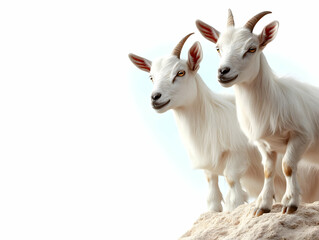 Obraz premium Two adorable white goats posing together against a bright background, showcasing their playful demeanor and curious expressions.