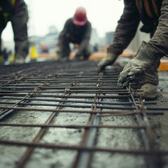 Workers installing solar panels on rooftops in a sustainable urban development
