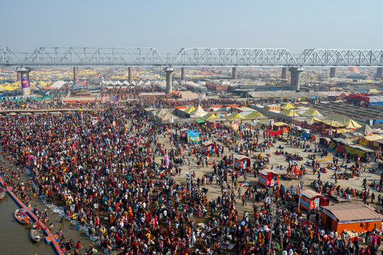 Prayagraj,India-28 pJanuary 2025 Top angle view of the crowd bathing at Sangam on the banks of Ganga at the Kumbh Mela in Prayagraj or Allahabad Uttar Pradesh India