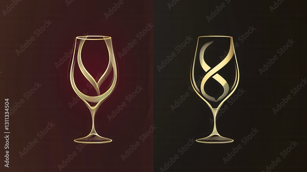 Poster minimalist wine glass logo featuring abstract lines in deep red and gold for sophisticated branding 