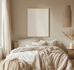 Beige bedroom with blank art print