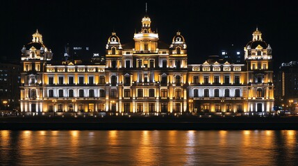Fototapeta premium Historic Building Illuminated at Night in Urban Setting Reflection