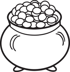 pot of gold coins line art, black outline, vector and illustration, coloring book page line art drawing