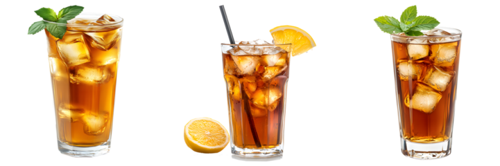 ice  tea in a glass serving, transparent background, side view