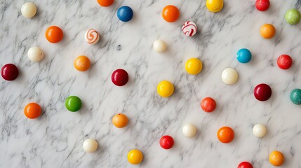 A playful flat lay of colorful candy scattered on a light marble surface. picture
