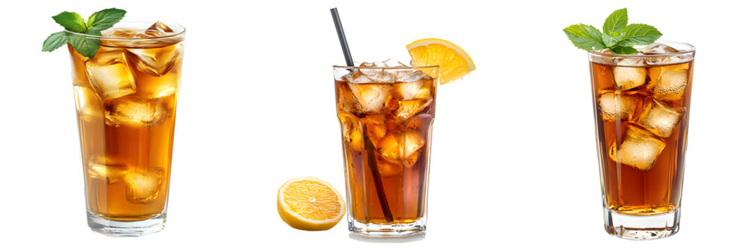  ice  tea in a glass serving, transparent background, side view
