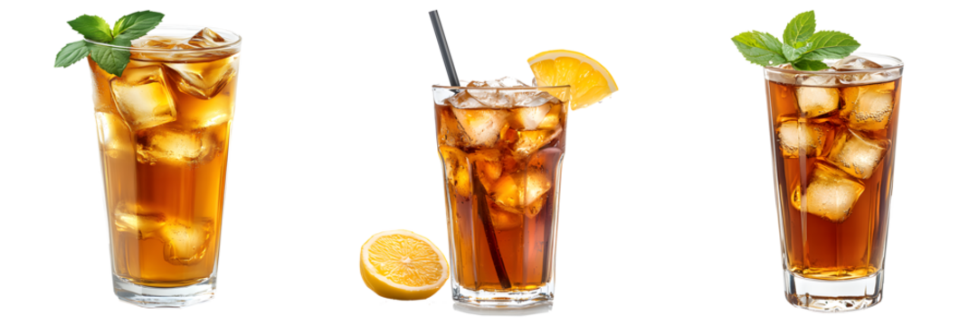  ice  tea in a glass serving, transparent background, side view
