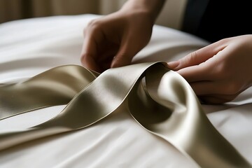 Elegant Hands Shaping a Luxurious Satin Ribbon, Soft Light and Subtle Folds