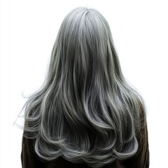 Fototapeta premium Woman with long, silvery hair is shown in a black jacket