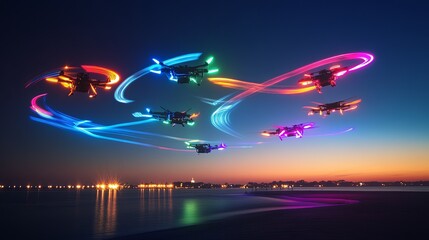 A vibrant arrangement of drone light shows creating dynamic shapes in the sky. picture