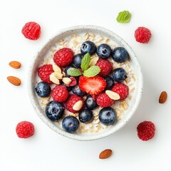 Obraz premium Mornings made brighter with overnight oatmeal, fresh berries, and crunchy nuts for a vibrant breakfast experience. Generative AI