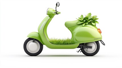 Green Electric Scooter with Grass and Leaves Growing on the Side. Generative AI