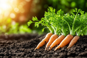 Neatly aligned carrot sprouts emerge from dark, fertile soil, bathed in gentle morning sunlight, embodying the essence of a nurturing garden and fresh beginnings