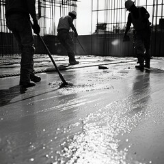 Obraz premium Workers installing solar panels on rooftops in a sustainable urban development