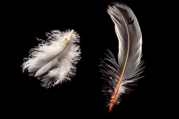 Two Delicate Bird Feathers Against a Dark Background, A Study in Light and Texture