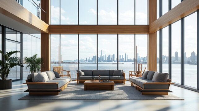 Modern loft living room with city views, ideal for interior design inspiration