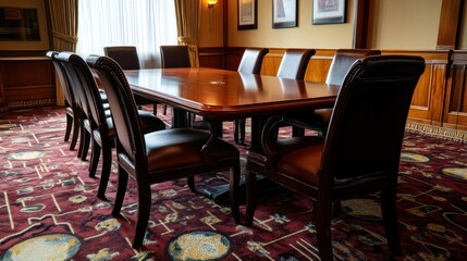 Luxurious conference room with large wooden table and leather chairs.