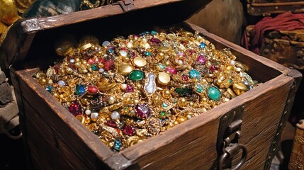 Overflowing wooden chest filled with gold coins, jewels, and gems.