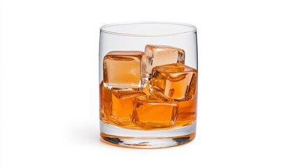 Whiskey on the rocks with ice cubes in clear glass isolated on white. Generative AI