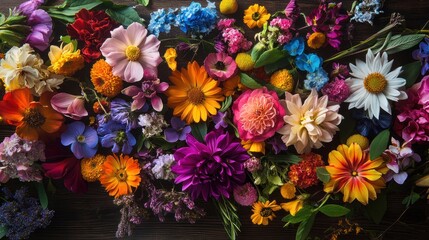 Vibrant colorful flowers arranged on dark wood background.