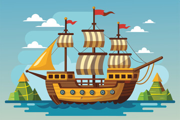 A vibrant pirate boat navigates calm waters, surrounded by mountainous islands and playful clouds, Pirate boat Customizable Semi Flat Illustration