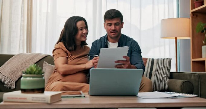 Paper, pregnancy and planning with couple in home for life insurance update, laptop and research. Maternity, benefits checklist and healthcare documents with man and woman on sofa in family house