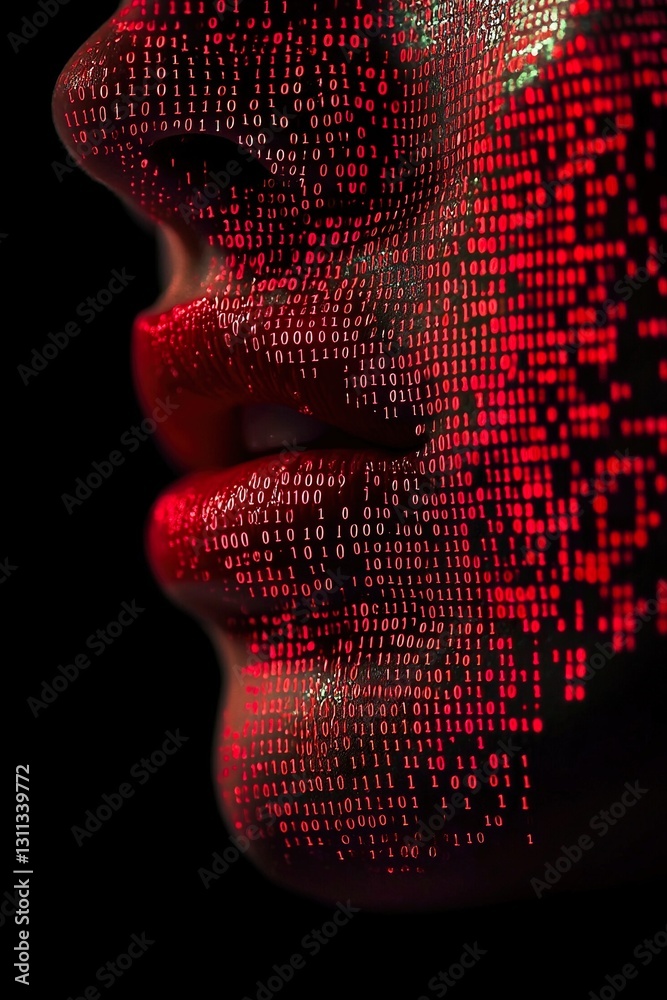 Wall mural womans face and red lips covered in binary code over dark background. generative ai