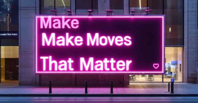 Cyber style city billboard make moves that matter bright pink glowing silver mounted ultra modern co working space