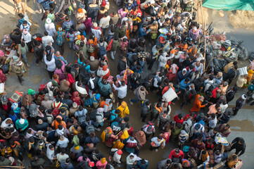 Prayagraj,India-28 pJanuary 2025 Top angle view of the huge crowd gathered at Sangam at the Kumbh...