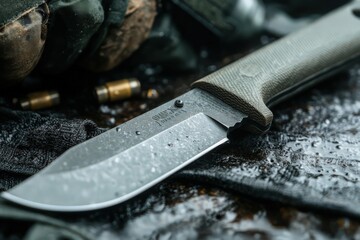 Closeup of a Dark Gray Tactical Knife on Wet Surface