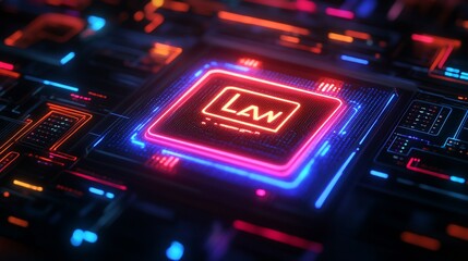 Obraz premium Neon Law Chip, Circuit Board, Digital Justice, Cyber Security