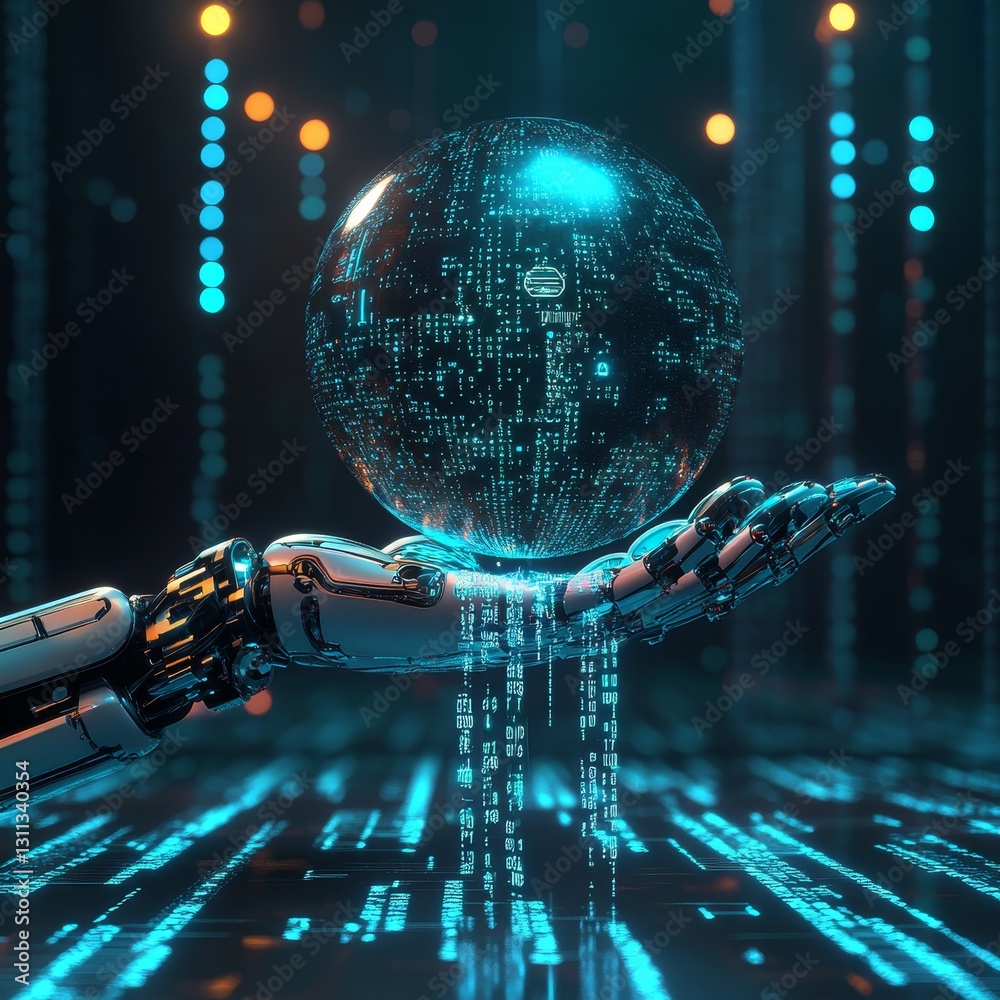 Poster futuristic robot hand holding digital sphere with binary code glow