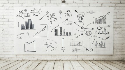 Whiteboard with hand-drawn charts, graphs, and diagrams on a brick wall.