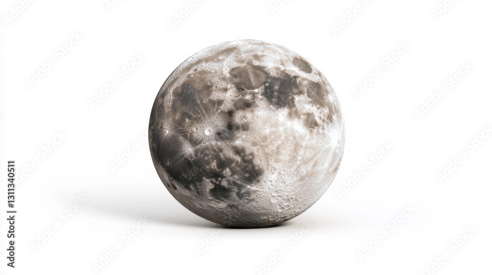 Wall mural detailed and realistic moon surface with visible lunar features on white isolated background. genera