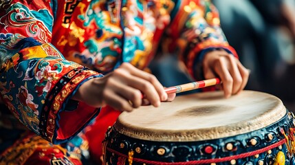 Colorful Traditional Drumming Performance with Detailed Costume Art