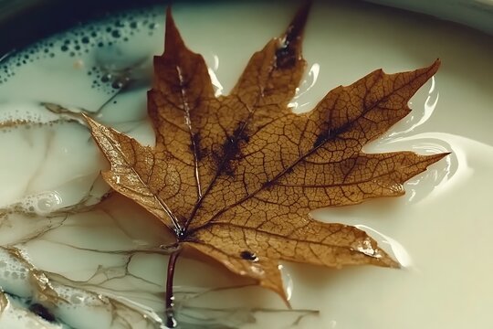 A single brown maple leaf floats delicately on a creamy white milky surface, creating a serene autumnal scene.