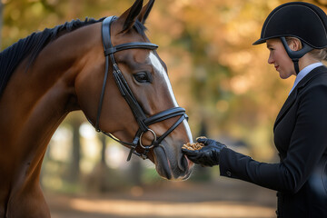 Obraz premium Equestrian woman in black attire feeding treats to her horse.