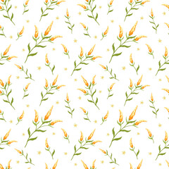 Seamless floral pattern featuring delicate meadow yellow mimosa flowers with green leaves on a white background. The botanical design is ideal for fabric printing, wallpaper, gift wrapping, and