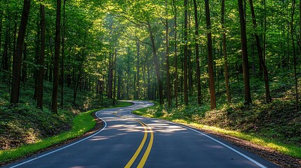 Obraz premium Winding road through sunny forest
