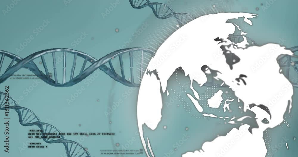 Poster dna strands and binary coding animation over globe illustration on teal background