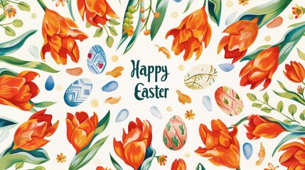 A card with the inscription "Happy Easter" on it, surrounded by orange tulips and colorful eggs. The background is white.