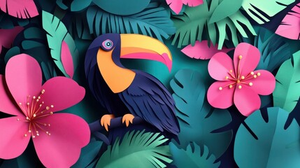 Vibrant toucan amidst paper-crafted tropical foliage and flowers.