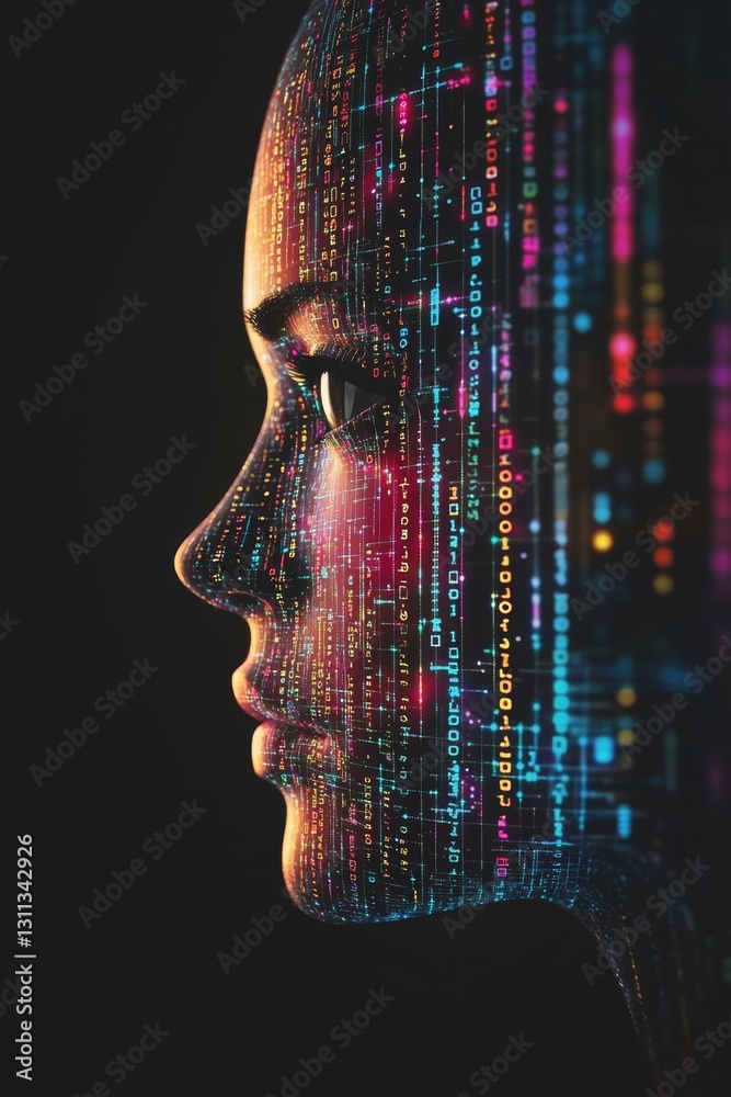 Poster profile of a human silhouette with digital data binary code