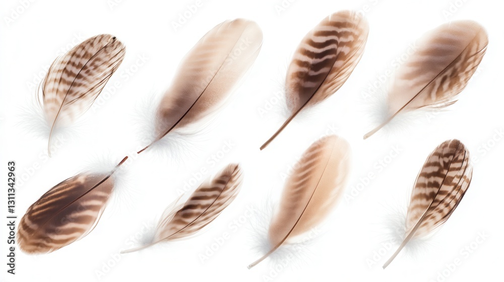 Poster Floating soft feathers create a dreamlike atmosphere against a serene white background in high key photography