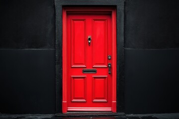 Vibrant red door on a stark black wall, classic design with a mail slot. Perfect for concepts of opportunity, new beginnings, or contrast.
