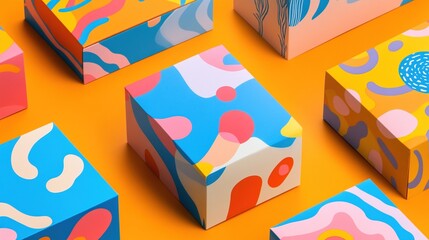 Colorful abstract pattern boxes on orange background.