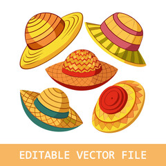 Farmers gardening hats. Asian japan hat and and female straw cap, yellow beach head accessory and summer traditional agriculture rural headdress