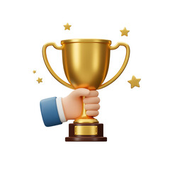 3D hand holding golden trophy cup isolated on transparent background.